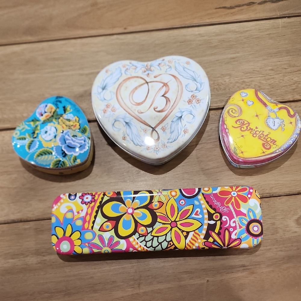 Set of Decorative Heart & Floral Tin Boxes - Colorful Floral Pattern